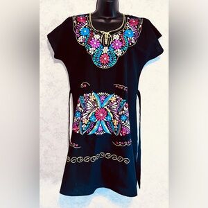 Traditional Mexican Dress Embroidered Boho Peasant Black No Label Size Small